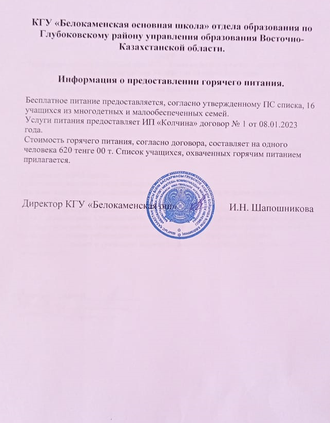 Информация о предоставлении горячего питания