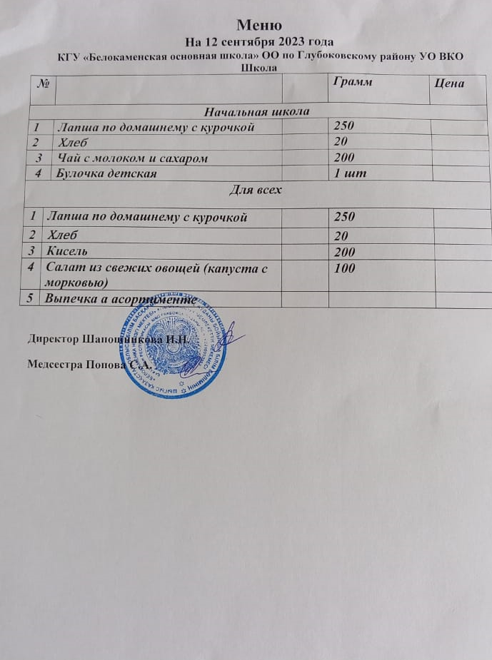 Меню 12 сентября 2023  год