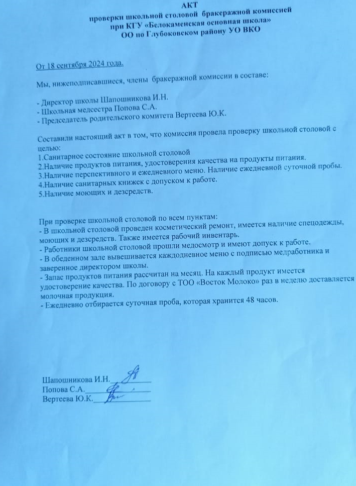 Акт проверки школьной бракеражной комиссией