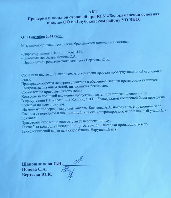 Акт проверки школьной столовой бракеражной комиссией 2024 год