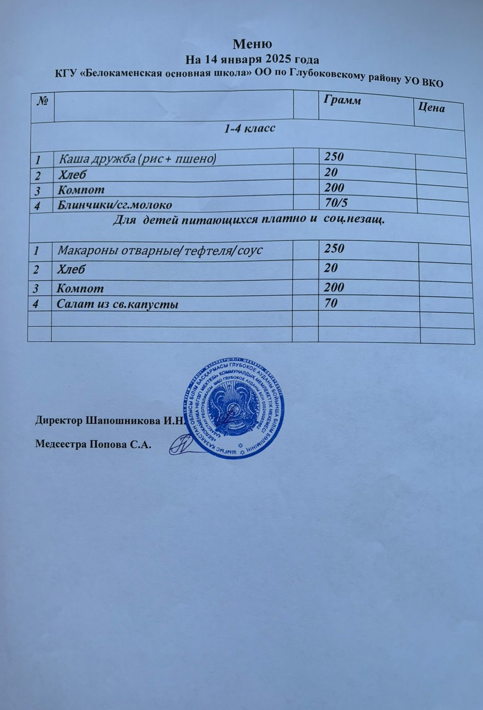 Меню 14 января 2025 год