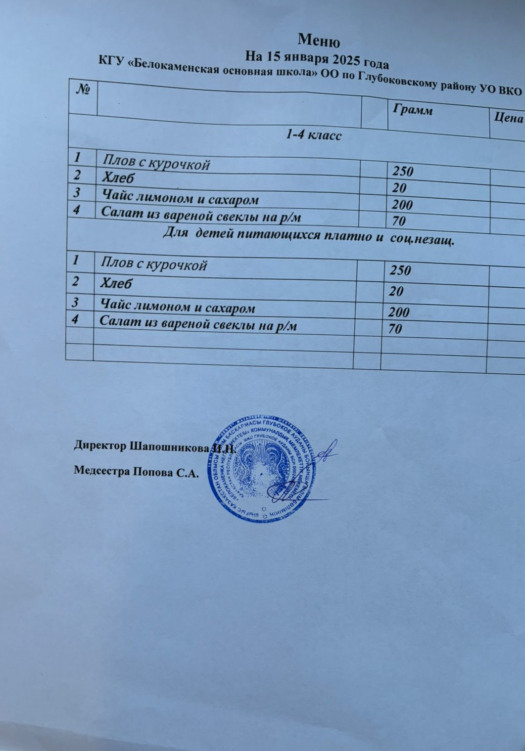 Меню 15 января 2025 год