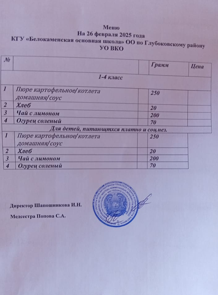 Меню 26 февраля 2025 год